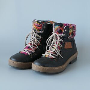 Rieker Felicitas Lace Up Black Leather Side Zip Ankle Boots Sz 36 / Us 5 - 5.5